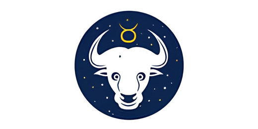 Balta jaučio galva su dideliais ragais ir geltonu zodiako simboliu žvaigždėtame tamsiai mėlyname apskritime