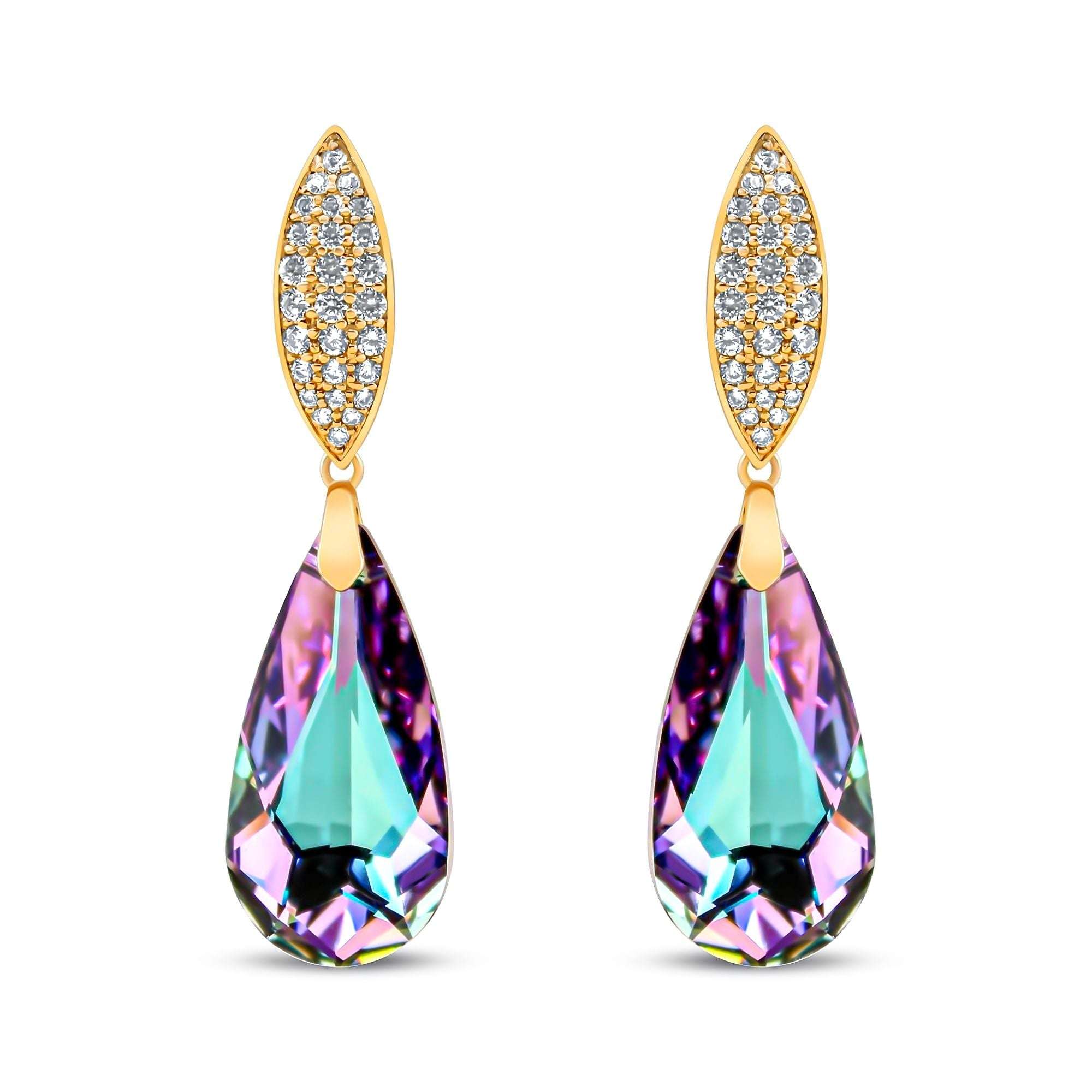 Garie auskari no medicīniskā zelta ar daudzkrāsainiem Swarovski kristāliem