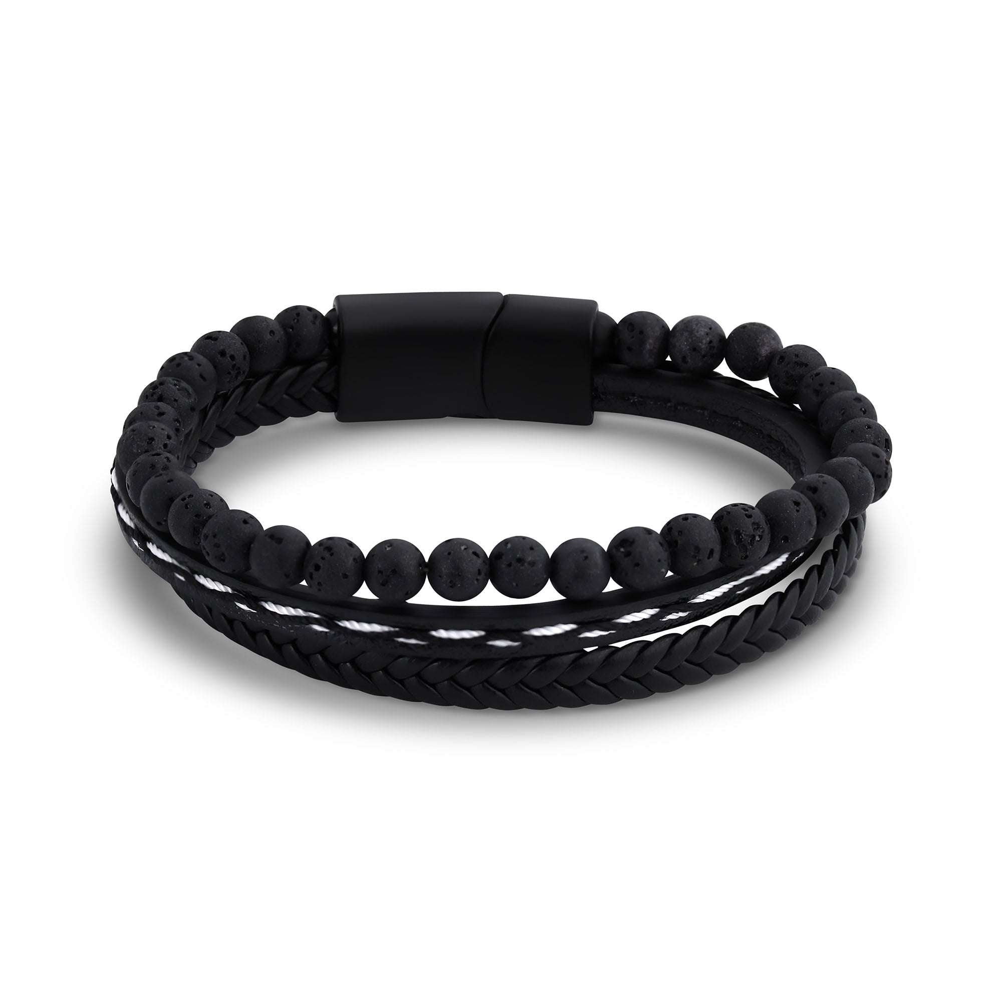 Vīriešu rokassprādze ar melno akmeni un ādas pinumu