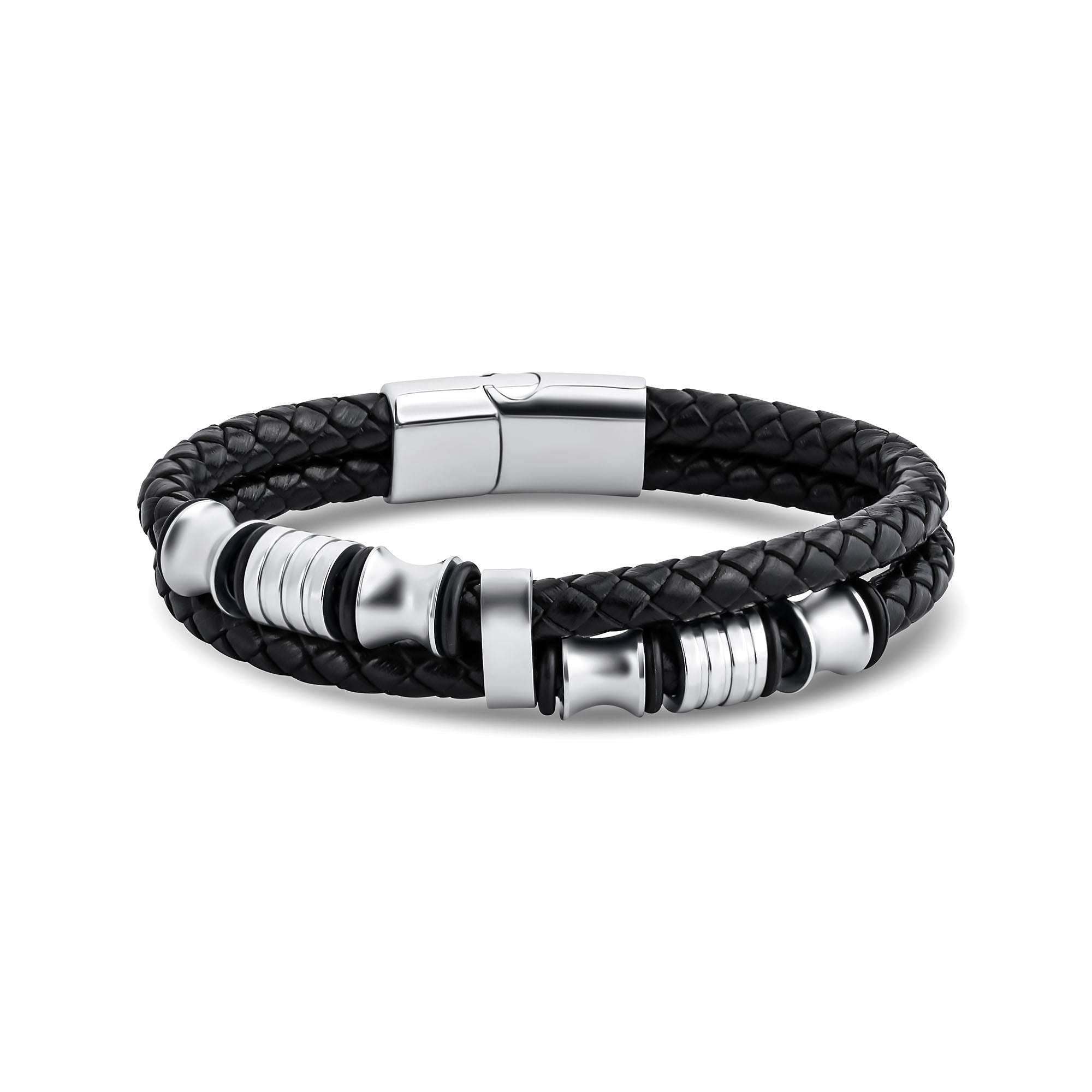 Vīriešu melna ādas rokassprādze ar sudraba krāsas akcentiem