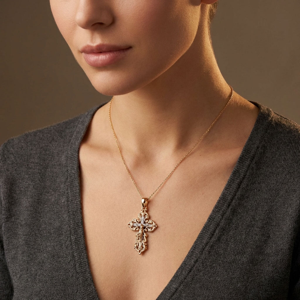 Двухцветный кулон-крест с цирконами