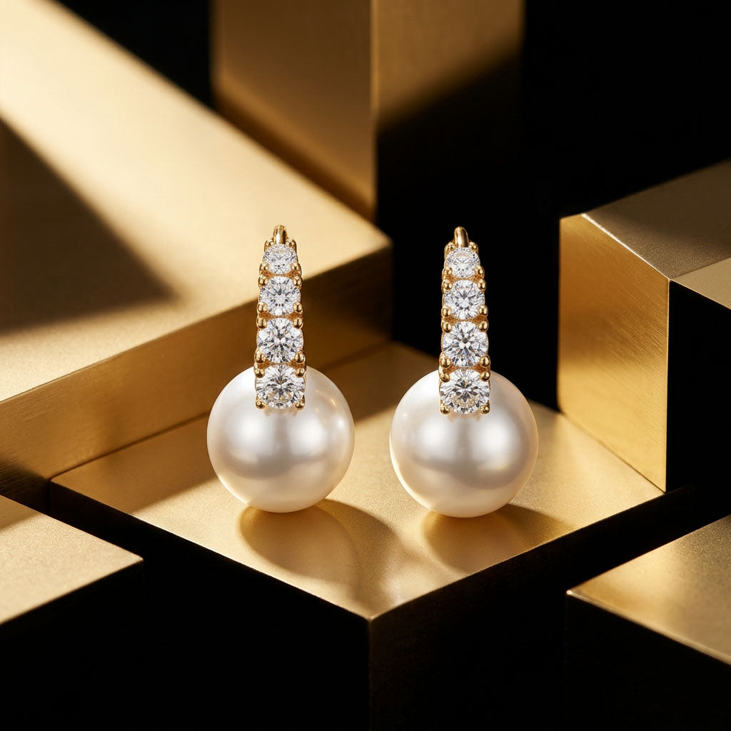 Auskarai su keturiais cirkoniais ir perlu