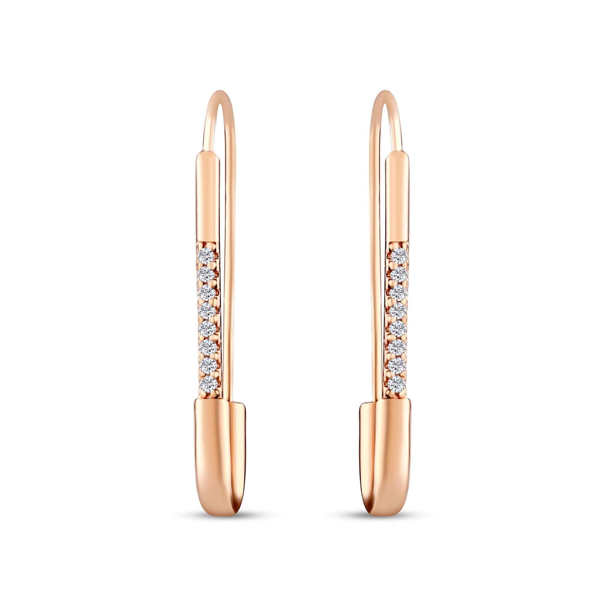 Drošības adatas formas auskari ar baltiem cirkoniem gar taisno malu