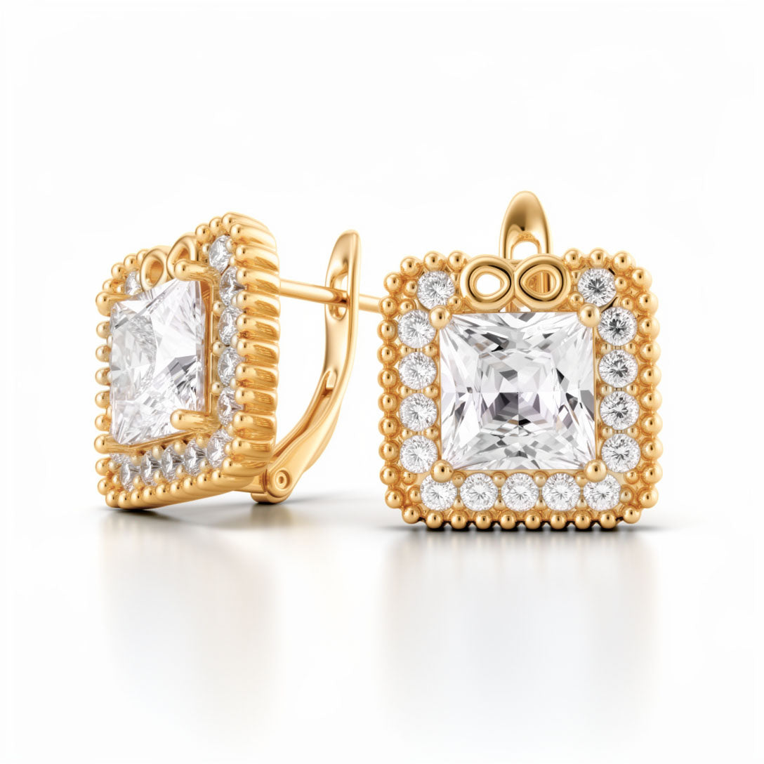 Kvadrātveida auskari ar cirkona akmeņiem bezgalības zīmes dizainā un angļu aizdari