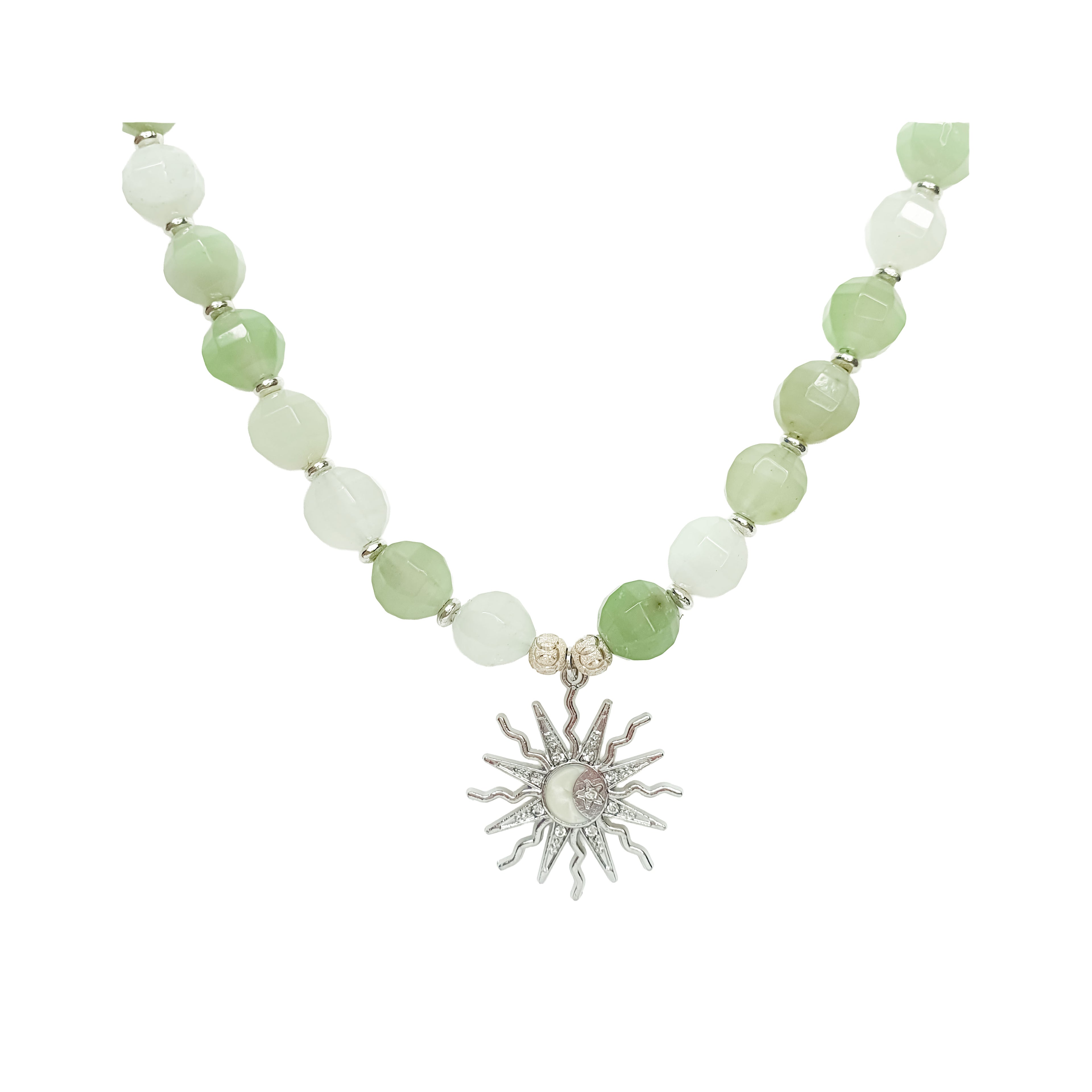 Kaklarota no dabīgā akmens nefrīta ar medicīniskā tērauda saules un mēness kulonu