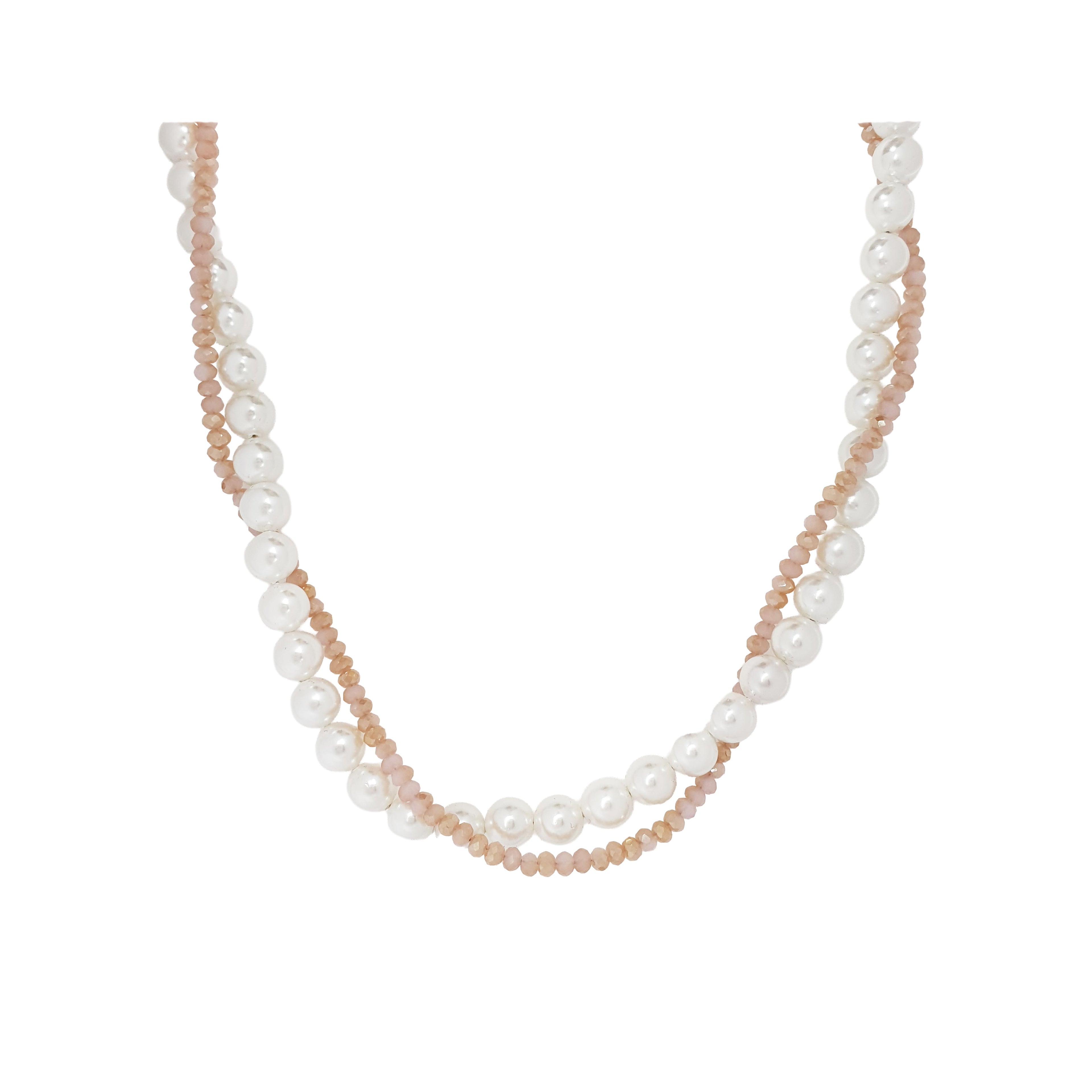 Divslāņu kaklarota ar kontrastējošām pērlēm — lielākas baltas lodītes un smalkāki rozā akmeņi. Forma saglabā klasisku līniju, kas vienmērīgi seko kakla kontūrai. Bez dekoratīvām detaļām vai ielaidumiem.