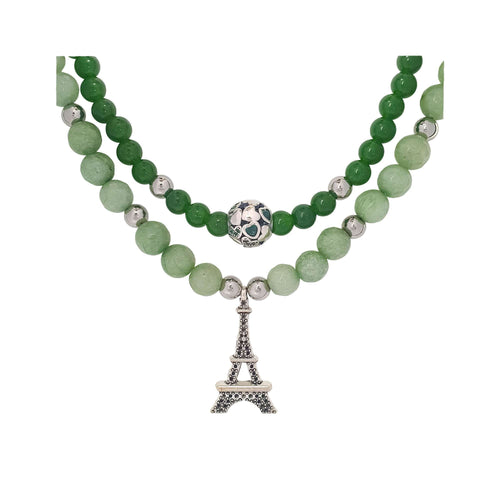 Zaļa kaklarota ar dubultu akmeņu rindu un Eifeļa torņa kulonu
