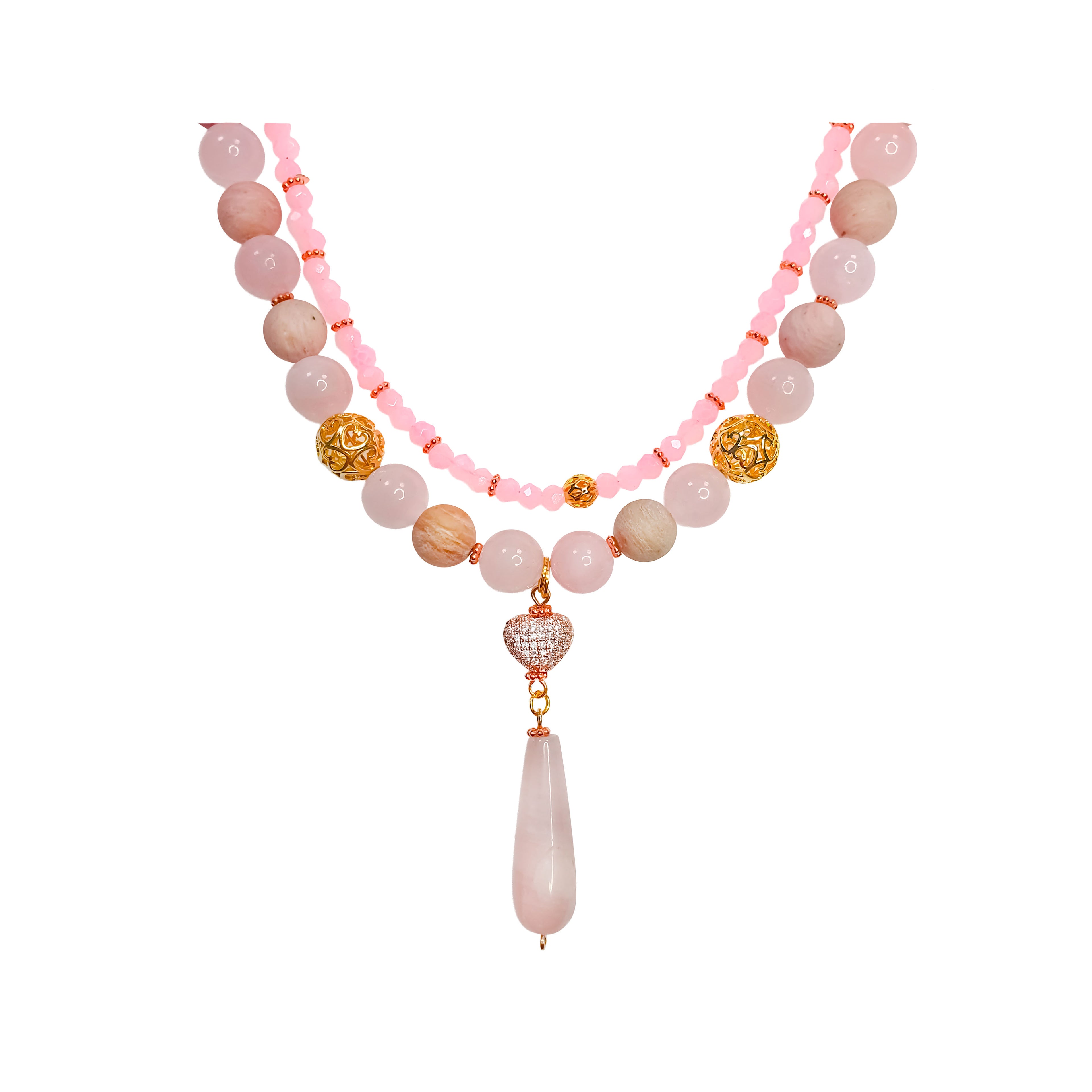 Divrindu kaklarota ar rozā kvarca pērlēm un sirds formas kulonu ar cirkoniem