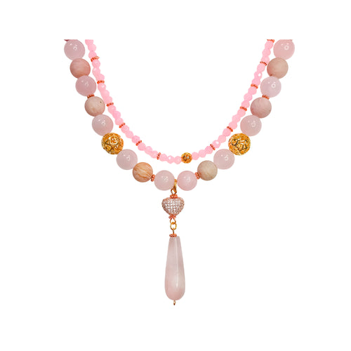 Divrindu kaklarota ar rozā kvarca pērlēm un sirds formas kulonu ar cirkoniem