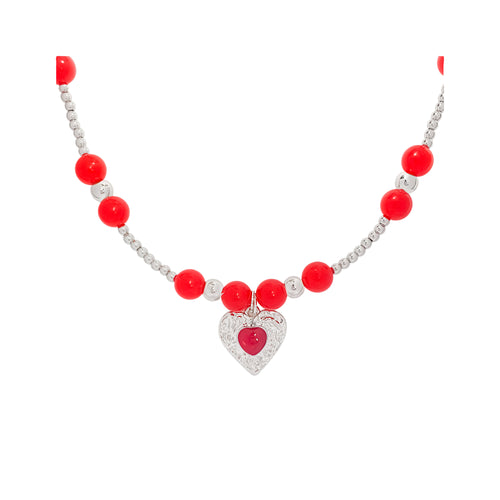Karneola sarkana halcedona pērļu kaklarota ar sudrabotu sirds kulonu