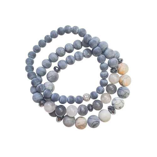 Trīs pelēku un baltu dabīgo akmeņu rokassprādzes ar marmora un jaspisa dzīslainu rakstu