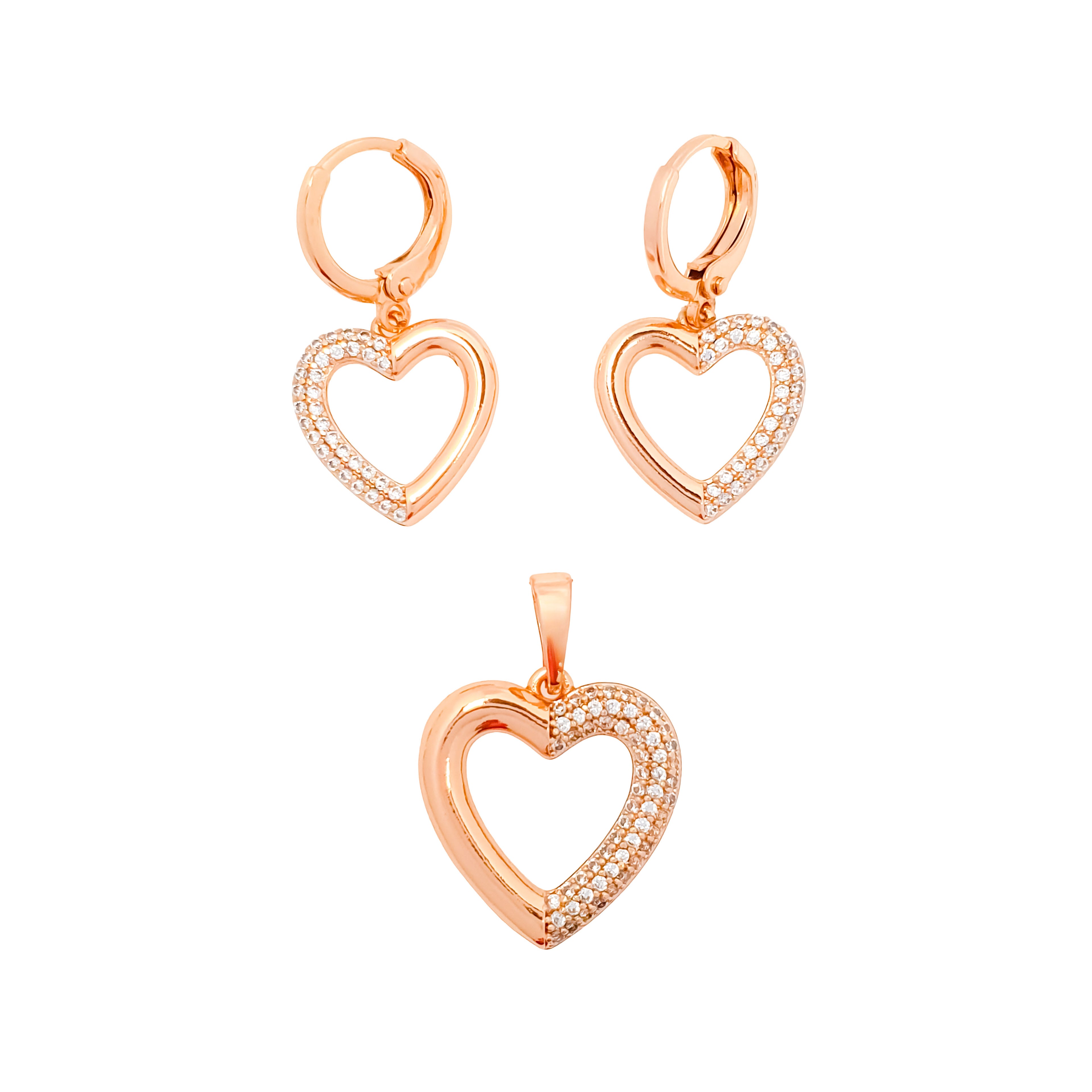 Zelta toņa sirds kulons un auskari ar cirkoniem