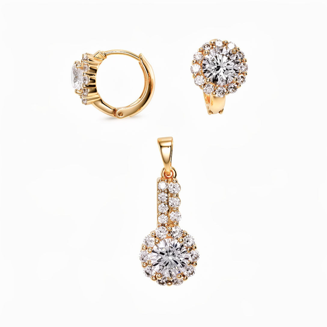 Zeltīts rotu komplekts ar apaļiem cirkona auskariem un saskaņotu ziedu formas kulonu
