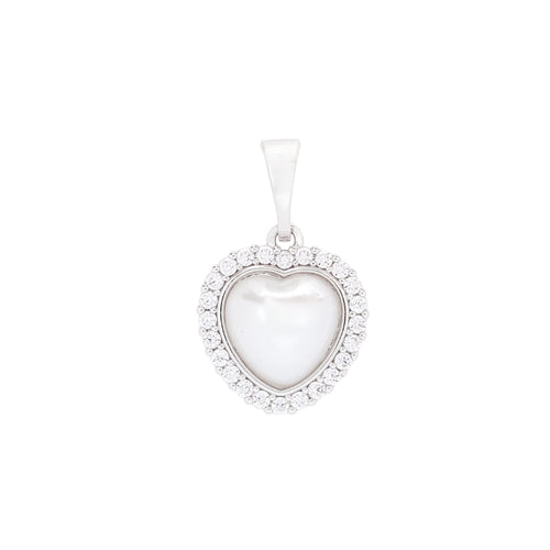 Sieviešu kulons ar cirkoniem nosētu ietvaru un baltu perlamutra centru