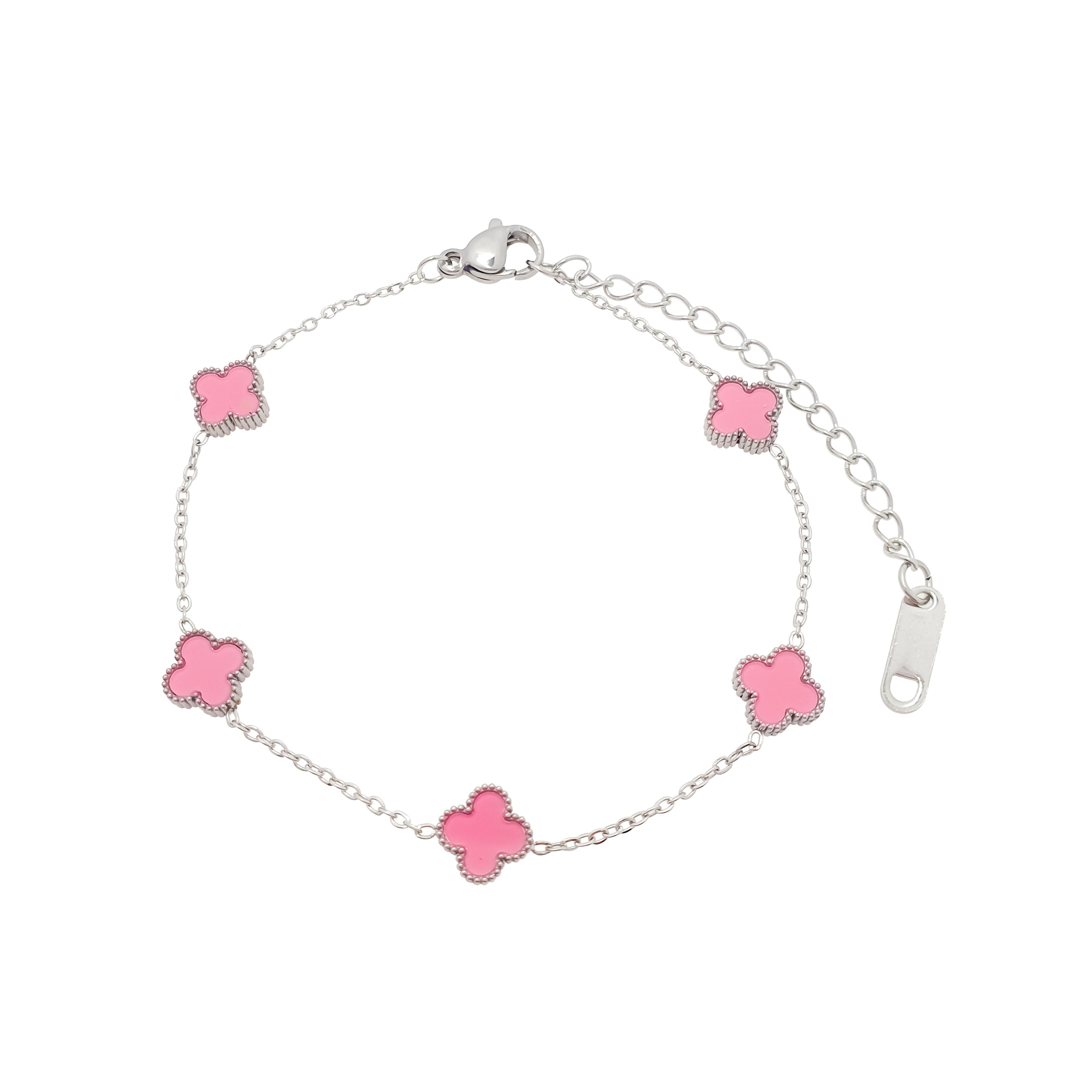 Rokassprādze ar rozā āboliņa formas elementiem uz ķēdes