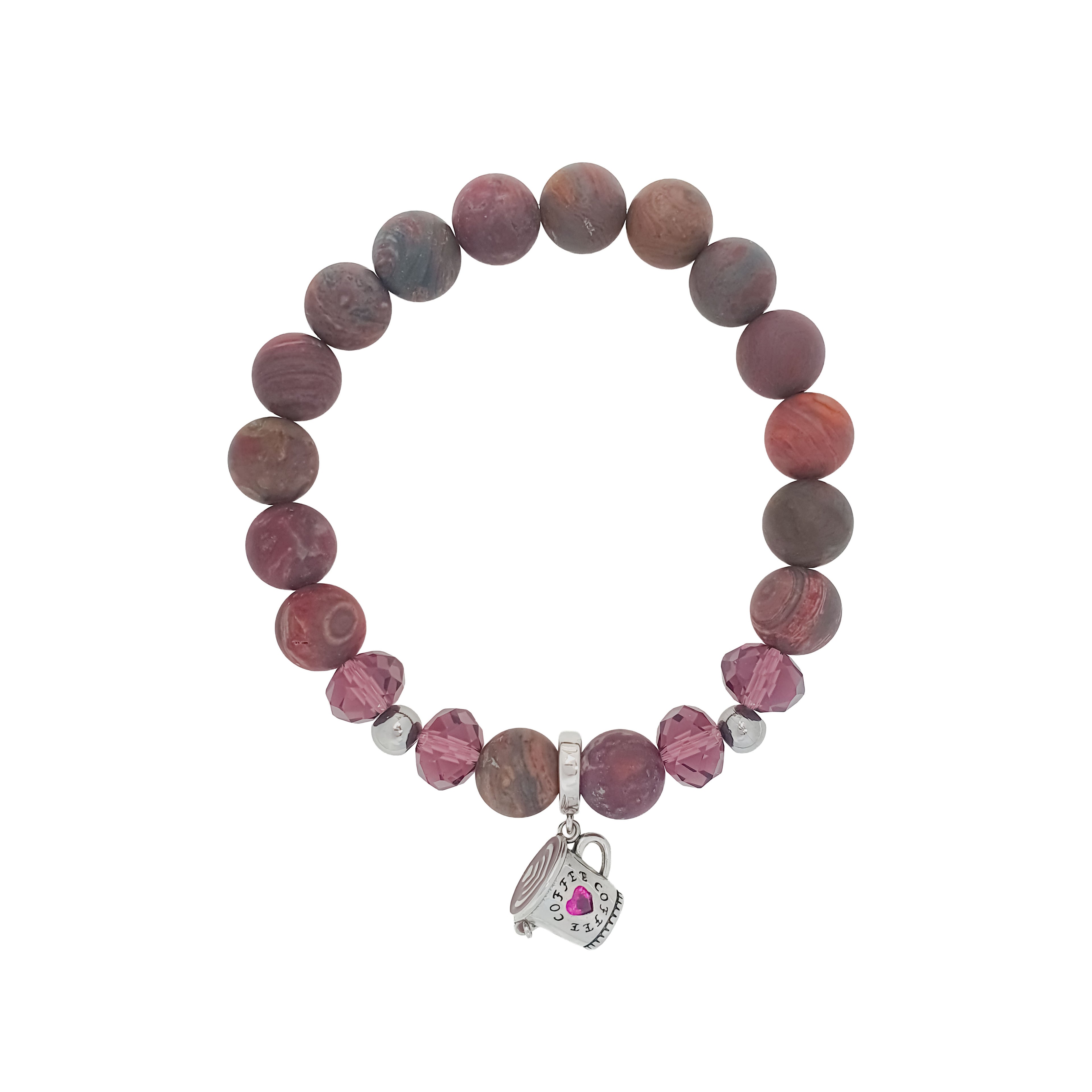 Matēta sarkanbrūna agāta rokassprādze ar kafijas krūzītes kulonu un kristāliem